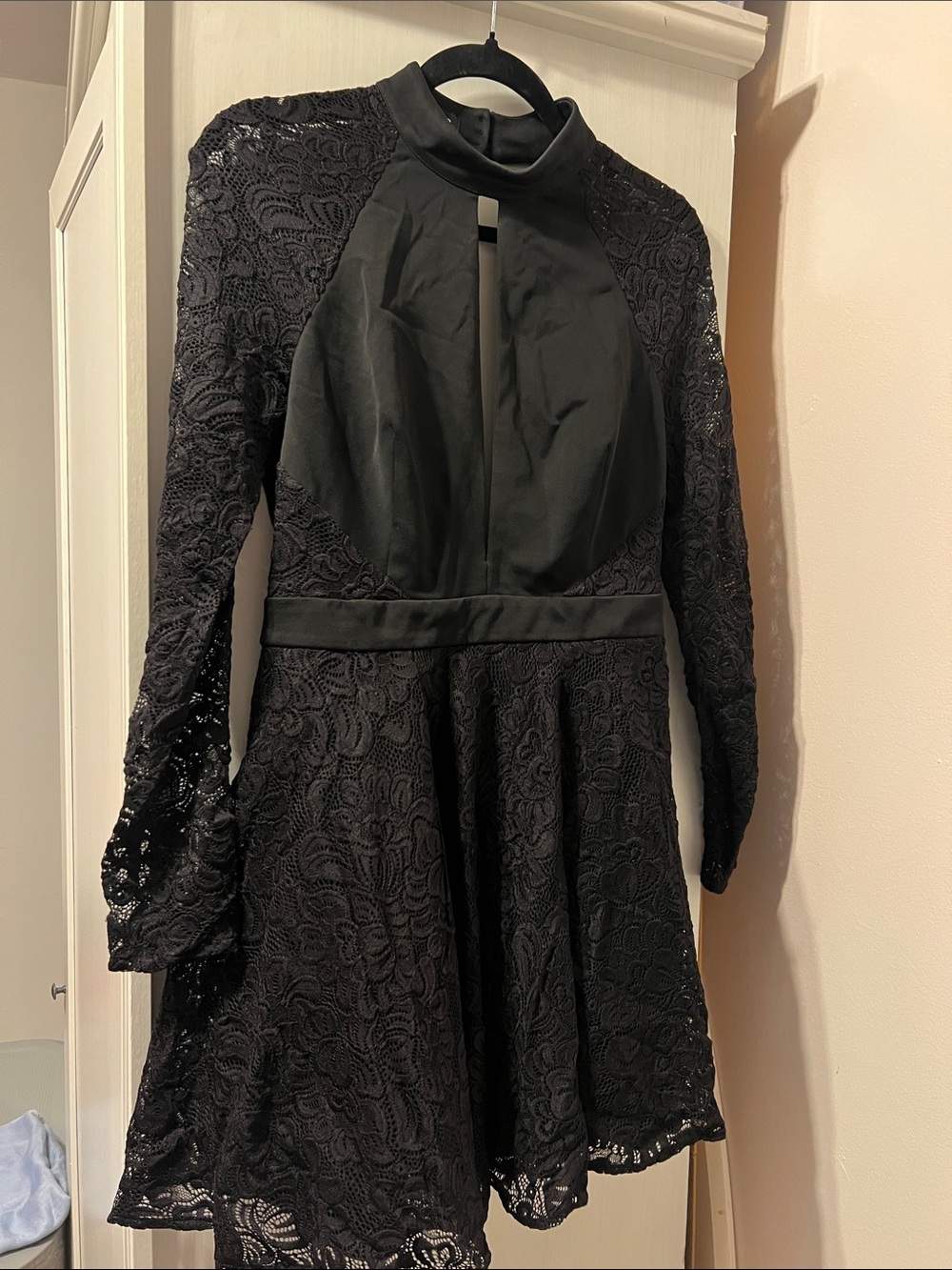 bebe Black Lace Long-Sleeve Fit & Flare Dress